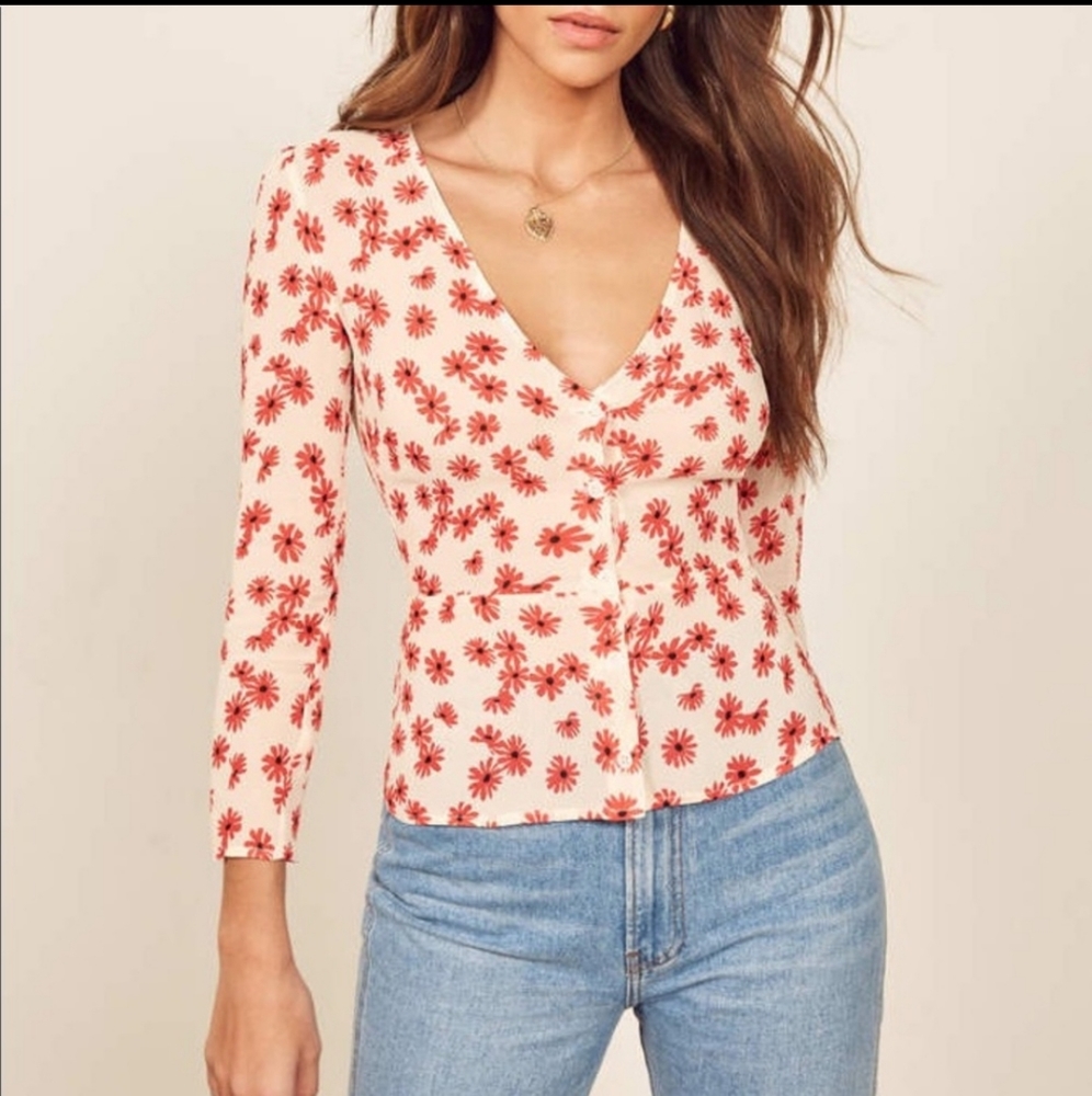 Reformation Jemma red daisy print button up blouse
